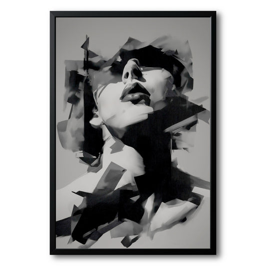 Original framed black and white abstract painting of a woman's face, deconstructed into overlapping geometric shapes.