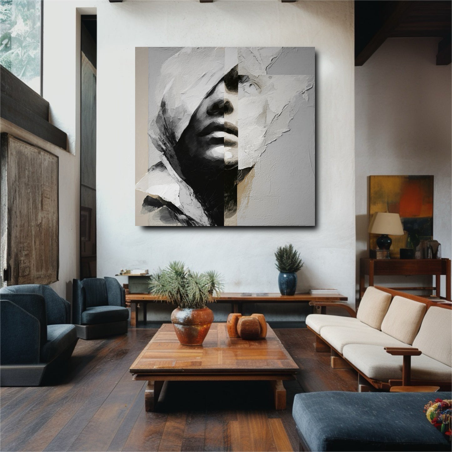 A large abstract hooded portrait is the focal point on a white wall in a modern living room with dark wood floors and furniture.