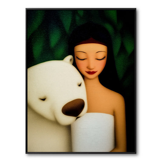 Original oil painting: Woman embracing white bear. Warm figurative art. Emotional, deep green, contemporary portraiture, minimalist style.