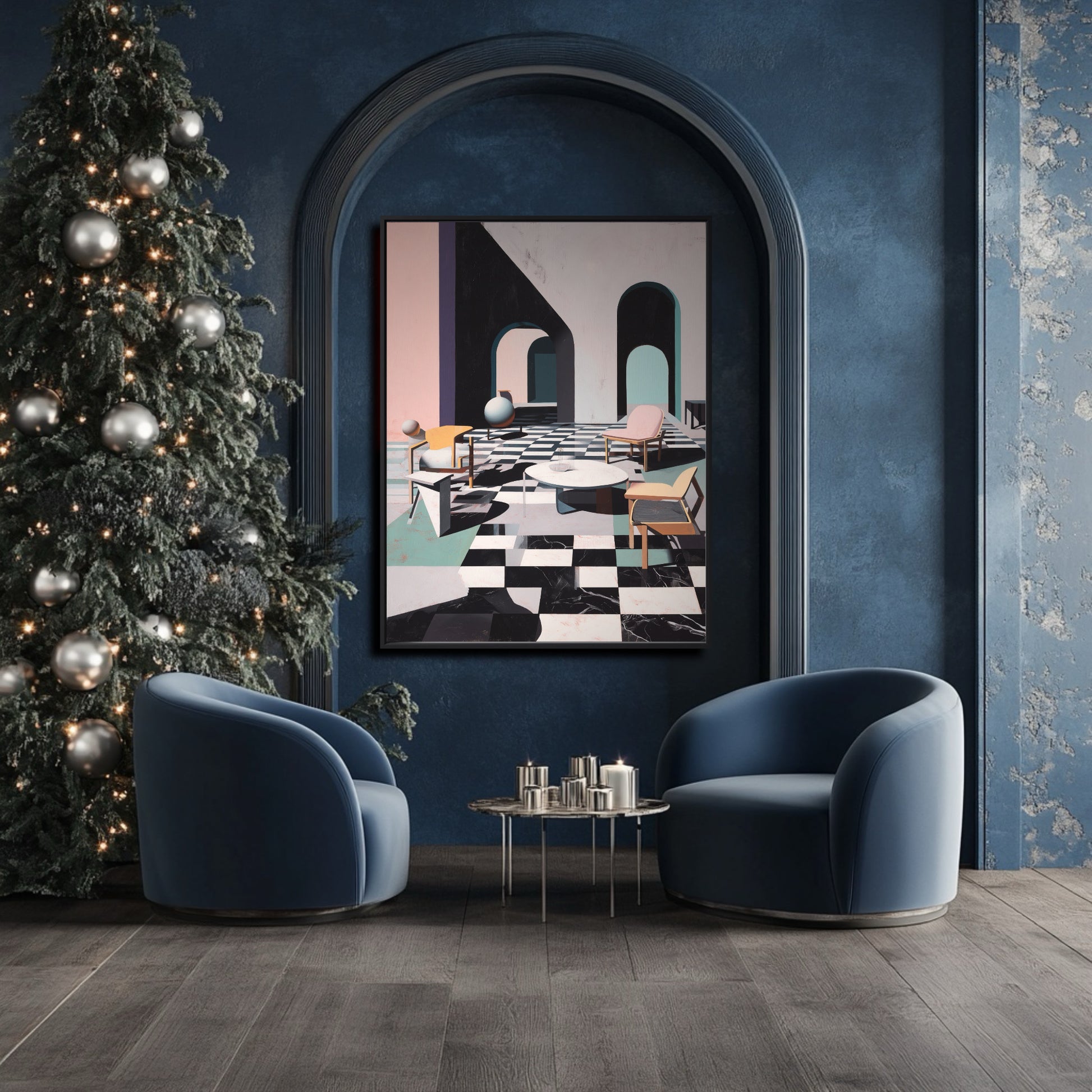 Original architectural painting creates depth in a moody, dark blue room with curved velvet chairs and a festive holiday tree.