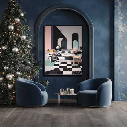 Original architectural painting creates depth in a moody, dark blue room with curved velvet chairs and a festive holiday tree.
