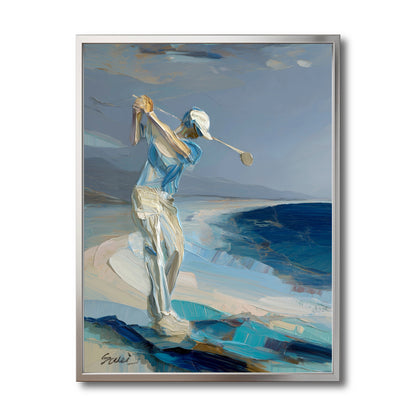 Original golf oil painting in cool blue tones. Impasto texture golfer on beach. Modern abstract coastal wall art decor.