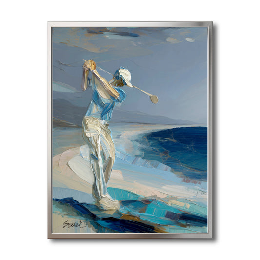 Original golf oil painting in cool blue tones. Impasto texture golfer on beach. Modern abstract coastal wall art decor.