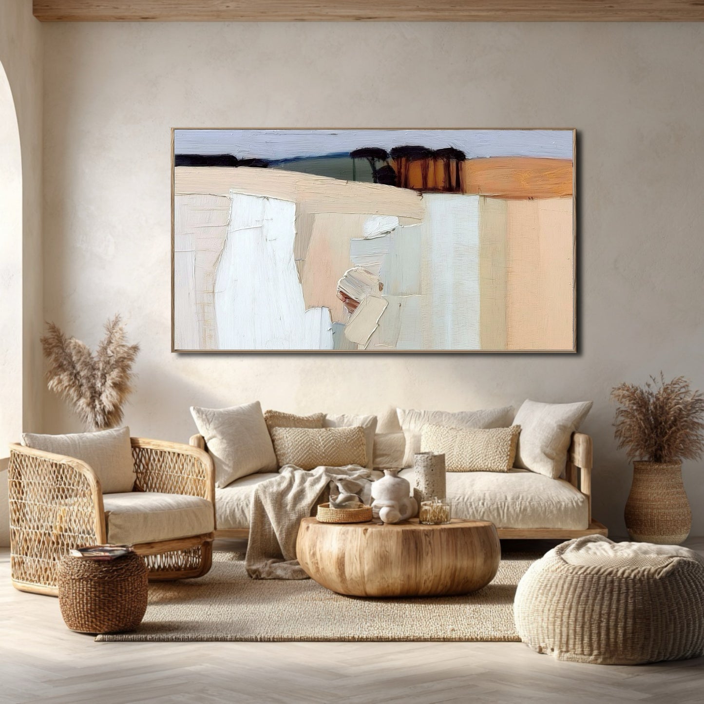 Abstract landscape art central to a rustic-bohemian living room, harmonizing with natural textures, rattan, and a neutral palette.