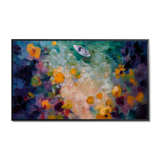 Original thick texture hand-painted abstract boat oil painting. Vibrant blue, yellow, and gold impasto water landscape canvas art.