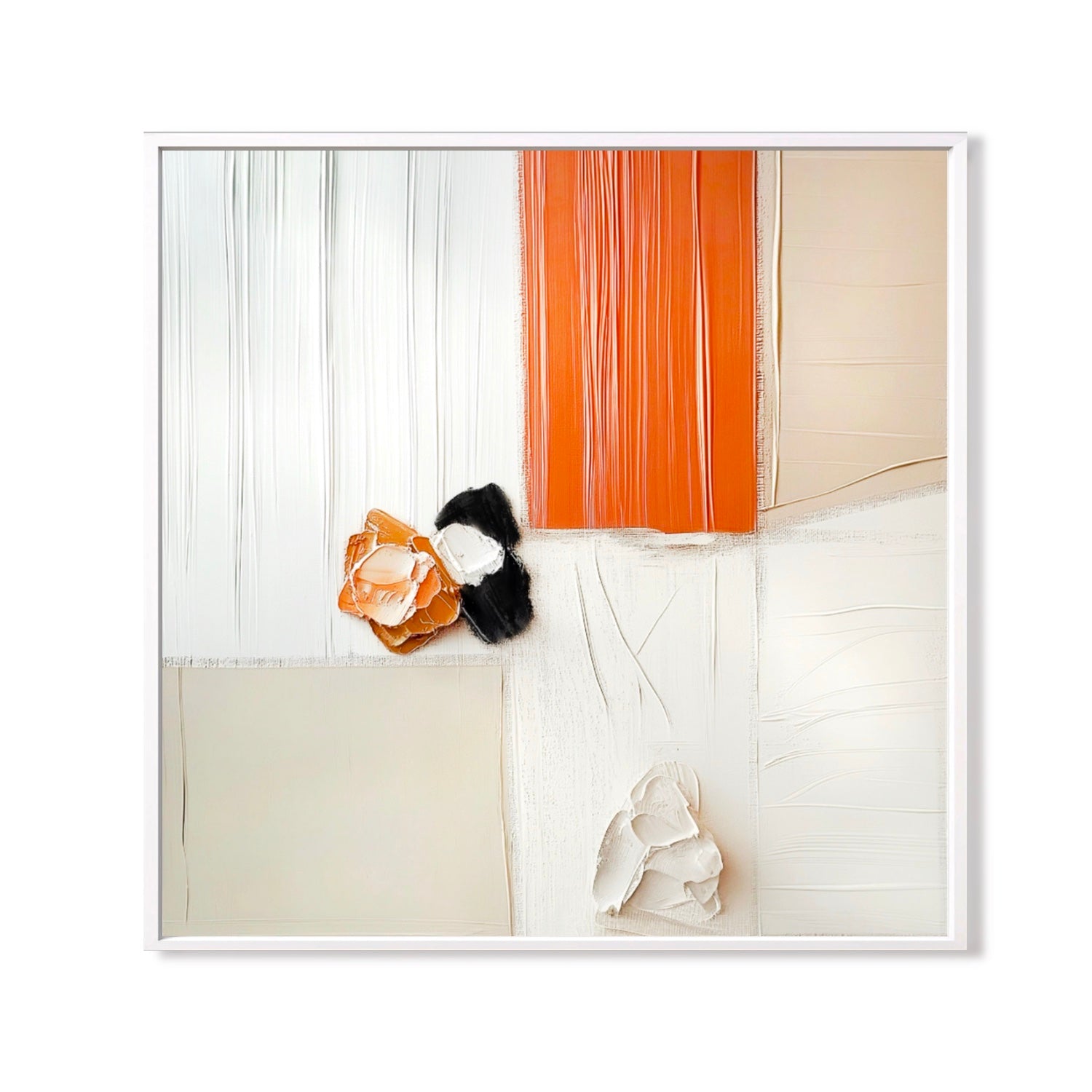 Original abstract textured collage: Warm orange and neutral beige squares with 3D floral elements, expressive modern wall art.