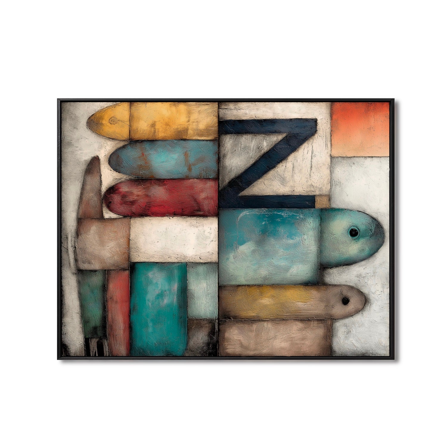 Original horizontal abstract fish art painting featuring stacked oblong shapes, a fish motif, and the letter Z with aged texture. Neutral tone.