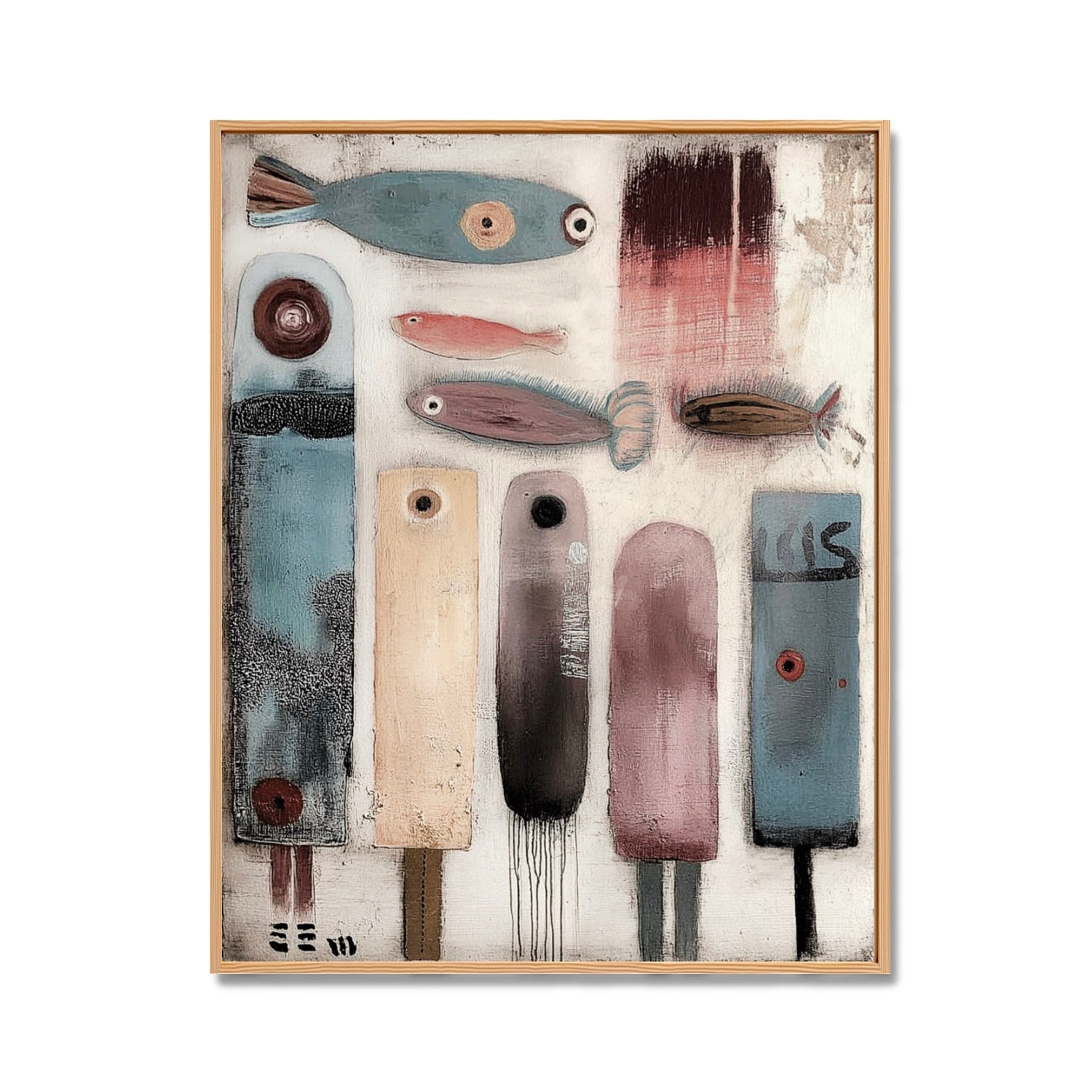 Original folk art abstract painting featuring vertical figures and stylized fish with distressed texture, impasto, and mixed media. Neutral tone.