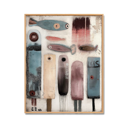 Original folk art abstract painting featuring vertical figures and stylized fish with distressed texture, impasto, and mixed media. Neutral tone.