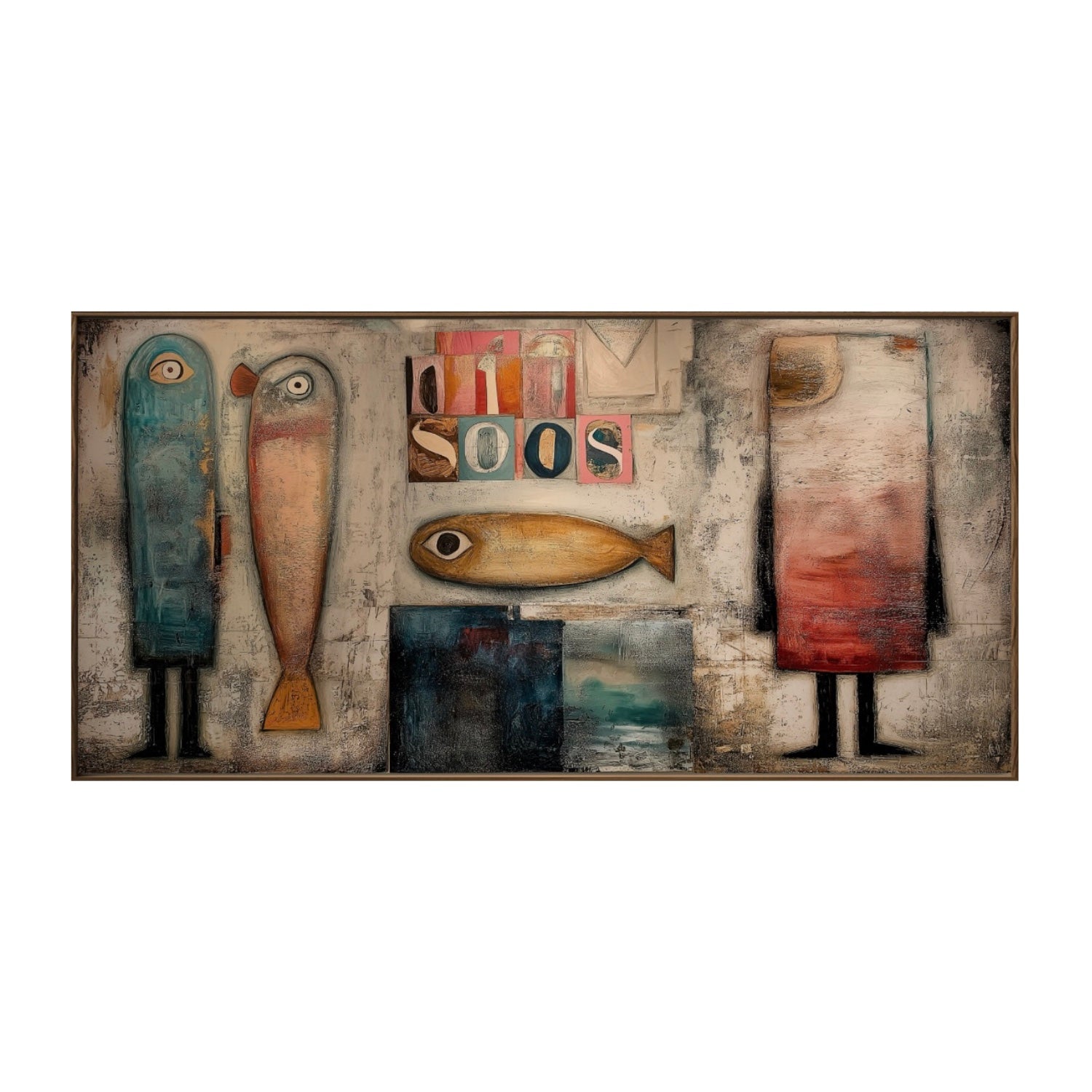 Original folk art abstract canvas featuring stylized figures, fish, and block lettering ("SOOS") with heavy texture and mixed media. Neutral tone.