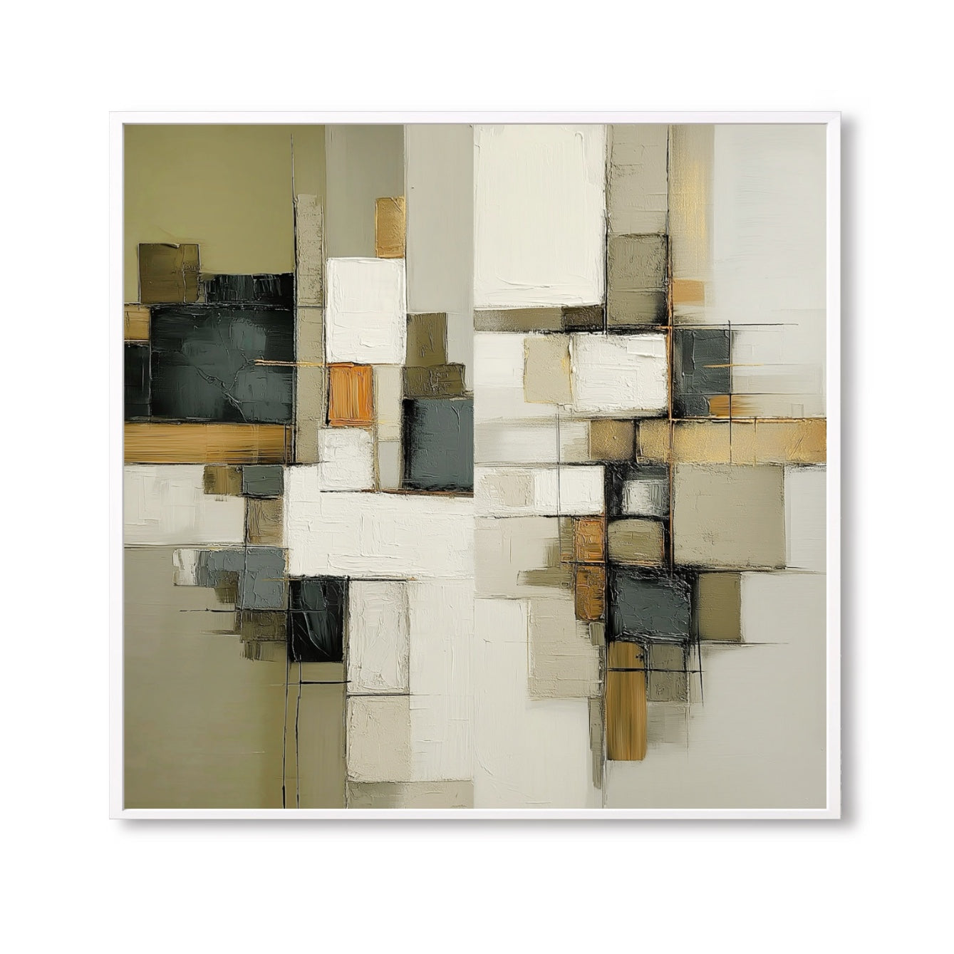 An elegant abstract hand-drawn oil painting: a square geometric landscape in rustic strokes, cold, and green tones.