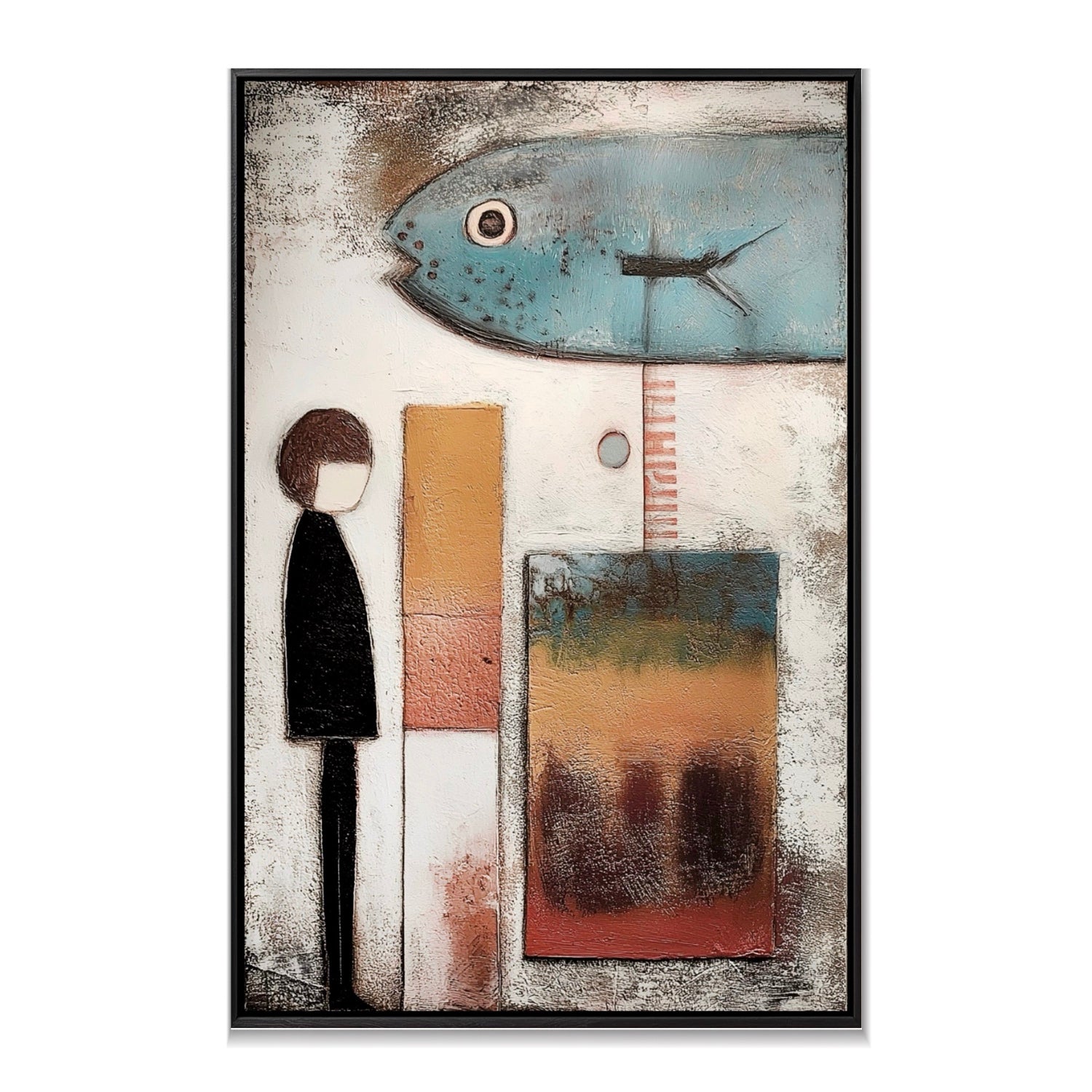 Original folk art abstract painting featuring a large blue fish and stylized human figure on a textured ground with mixed media. Neutral tone.